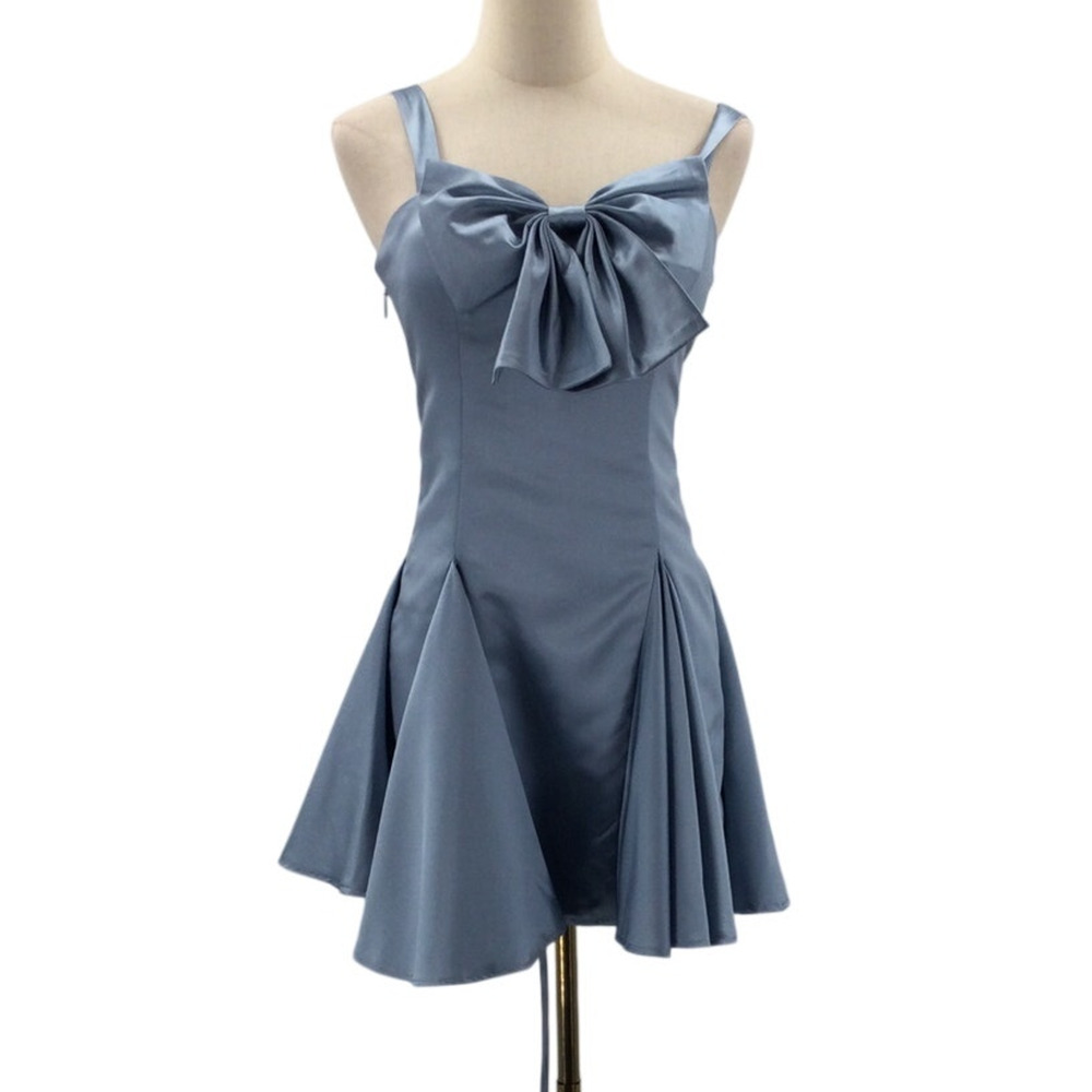 FORMAL 4 S dusty blue bow satin prom cocktail party mini dress NEW B43